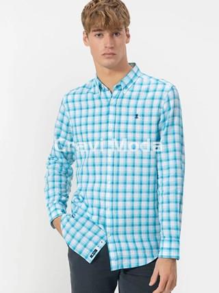 CAMISA DE LINO DE CUADROS AZUL - Imagen 1