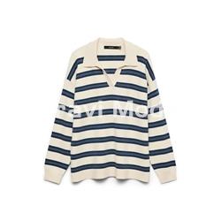 JERSEY CON CUELLO DE POLO, BEIS CON RALLAS AZULES - Imagen 1