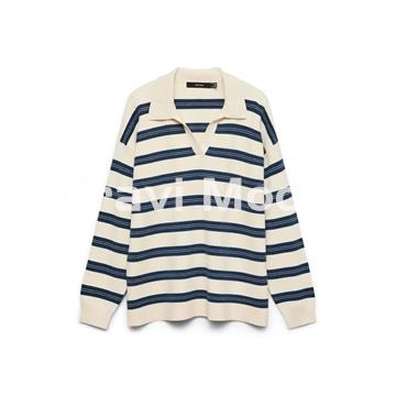 JERSEY CON CUELLO DE POLO, BEIS CON RALLAS AZULES - Imagen 1