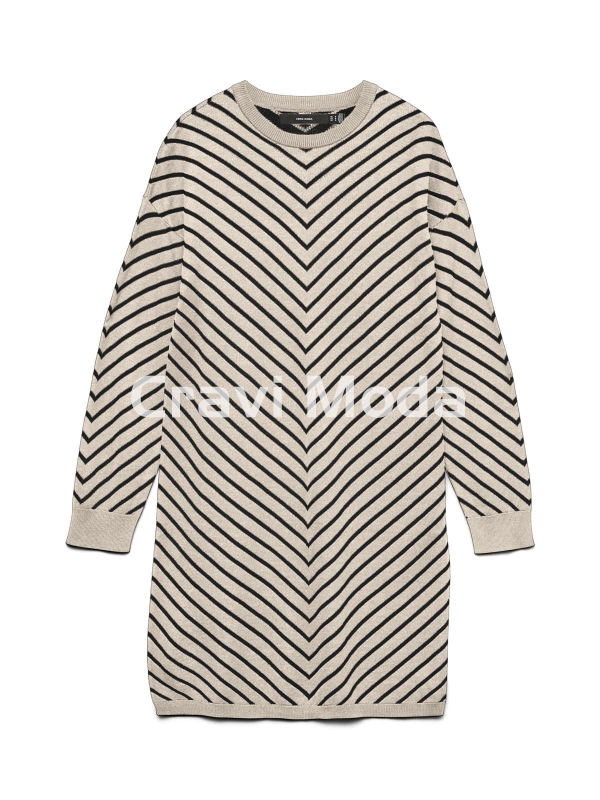 VESTIDO DE PUNTO BEIS CON RALLAS NEGRAS - Imagen 1